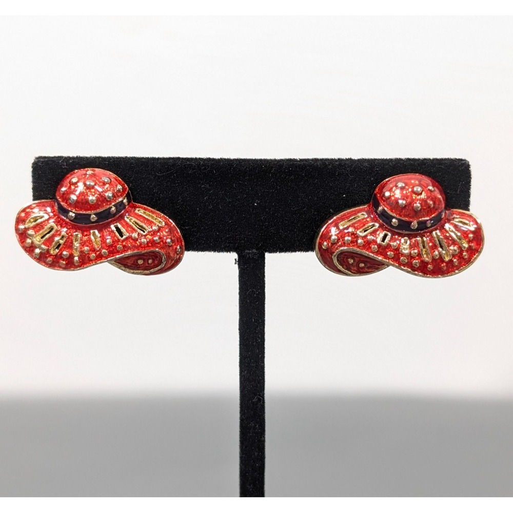 Vintage Red Hat Society Earrings Purple Gold Tone Enamel Clip On